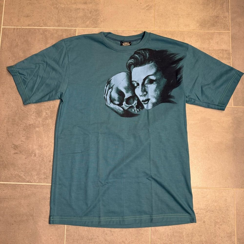 Y2K Sinister Brand Blue T-Shirt with Woman's Face Embracing Skull Womens L/XL